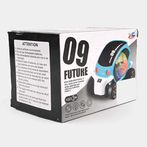 Retail box featuring a blue go car toy with LED light