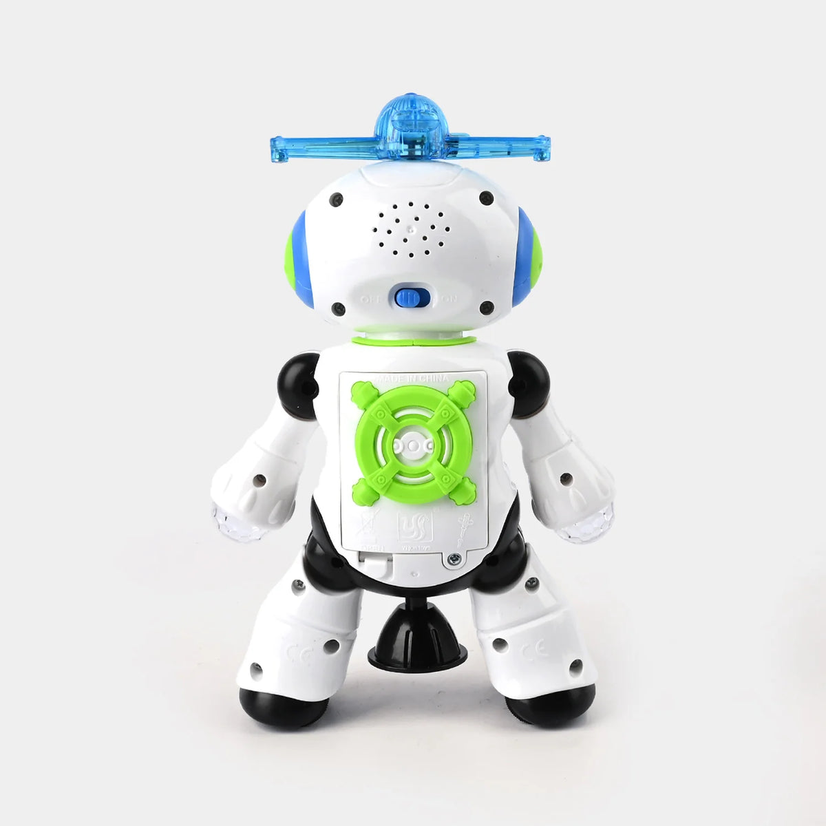White robot toy with green face screen, blue top light bar, black hands and feet