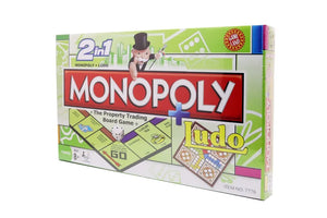2-in-1 Monopoly and Ludo board game box, green-and-white front with player artwork
