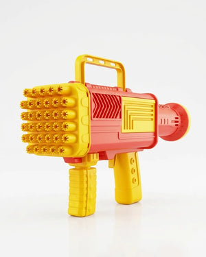 Yellow and red 34-hole electric bubble gun toy with handle and bubble nozzle