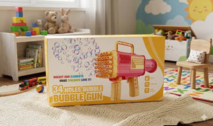 Boxed 34-hole electric bubble gun toy with bubble nozzle and carry handle