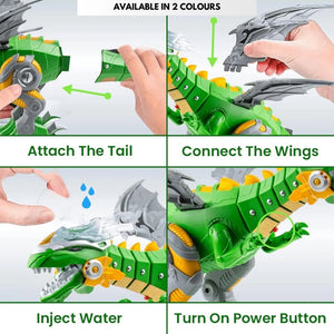 Green dragon toy with connected wings and attached tail, shown with hands