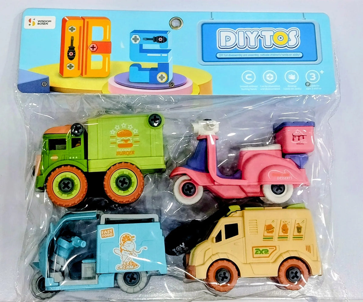 DIYTOS food vehicle toy set in packaging showing four take-apart vehicles, screwdriver and age 3 plus label