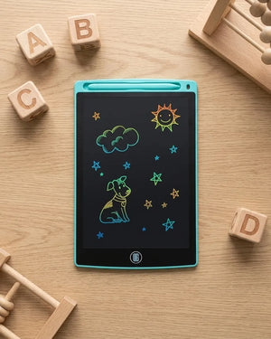 8.5-inch LCD writing tablet with turquoise frame and star, cloud, animal drawings
