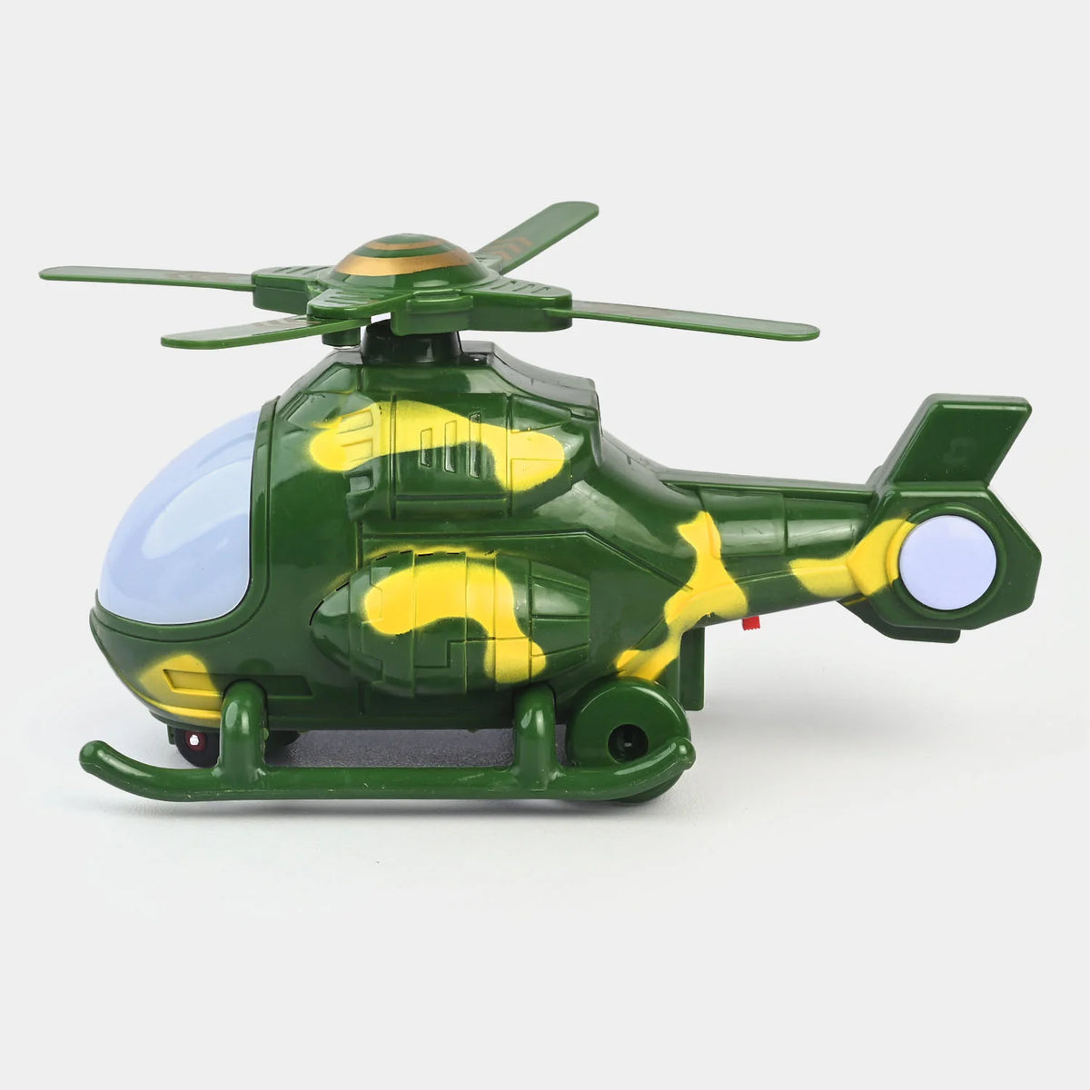 Green attack helicopter toy with glowing cockpit window and side missile pod details