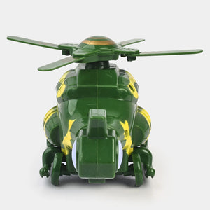 Green attack helicopter toy rear view with tail rotor and landing gear