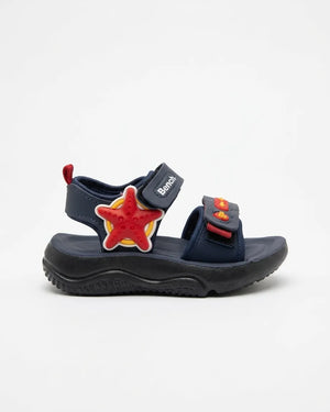 Rear view of starfish kids sandal showing the back strap and red pull tab
