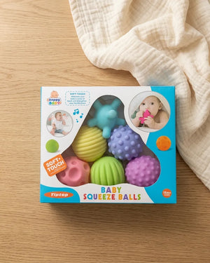Baby squeeze balls sensory grasping toy set with colorful textured squeeze balls in box