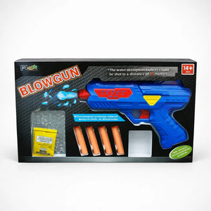Blue water blowgun toy gun with orange foam darts in retail packaging