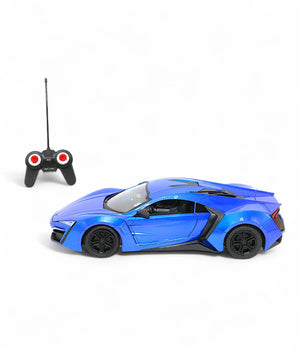 1:16 scale RC sports car with blue body, rear wing, and remote controller