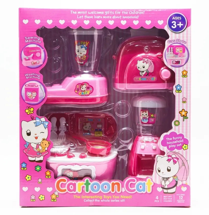 Kids cartoon cat kitchen playset: pink sink, oven, mini appliances, and character stickers