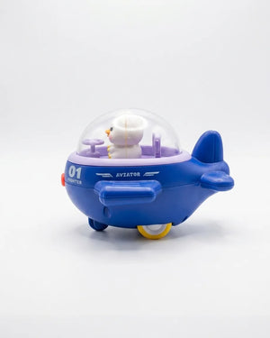 Blue mini airplane toy with clear cockpit dome and snowman pilot figure