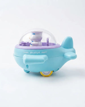 Sky-blue toy airplane with clear dome and “AVIATOR” text, pilot inside