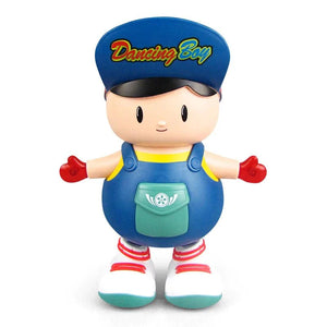 Dancing boy musical toy with blue cap, red hands, and flashing LED light feet