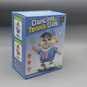 Dancing tennis dog toy retail box with mascot dog in blue jersey