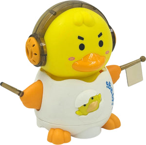 Musical duck toy with yellow face, orange beak, and clear over-ear headphones