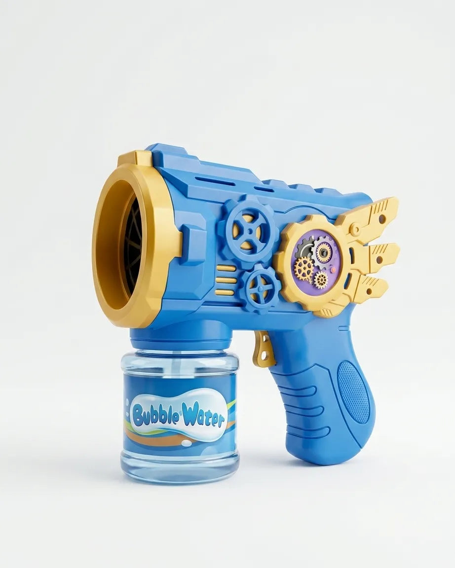 Blue foam bubble blaster toy with yellow barrel and bubble bottle
