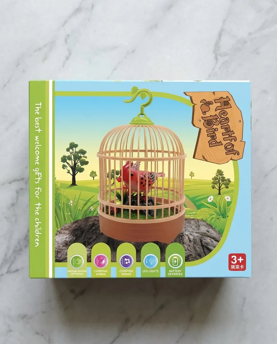Kids talking birdcage toy box, beige round cage on green base, 3+ ages badge
