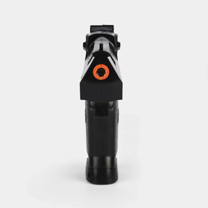 Front view of black electric toy pistol with orange circular muzzle ring