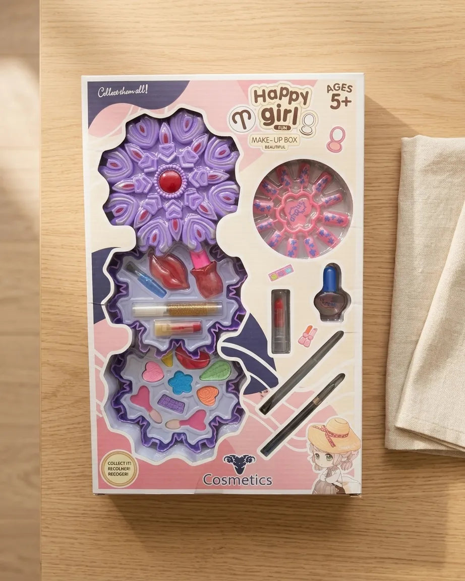 Kids makeup set box with purple eyeshadow palette, lipstick, nail polish bottles, brushes