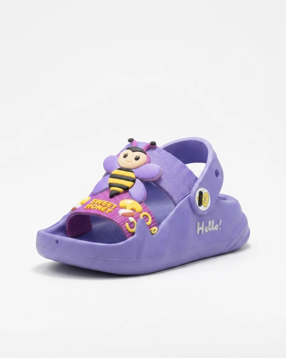 Kids purple cartoon bee clogs sandals with bee charm and “Hello!” side badge