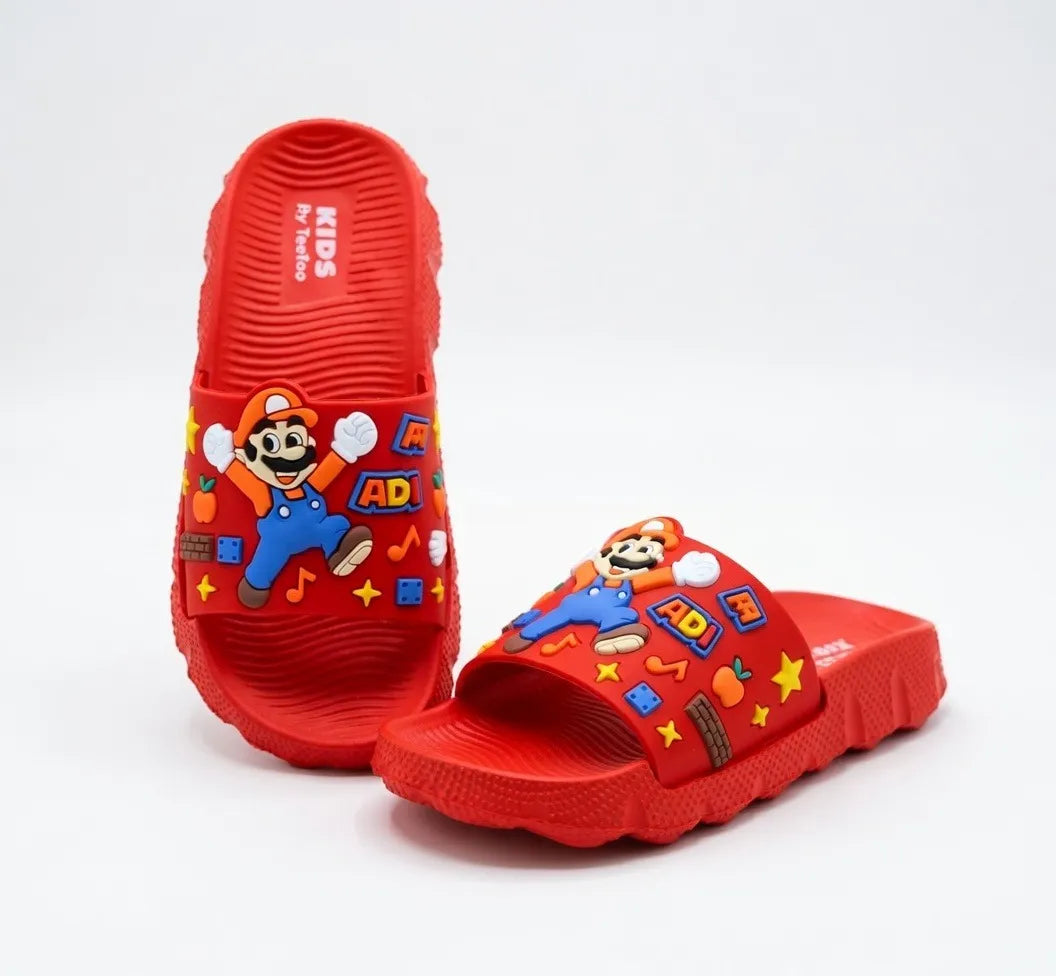 Red kids EVA slides with cartoon character print, open toe and ridged sole.