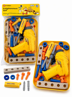 Toy drill construction set in blister package with yellow drill and assorted parts
