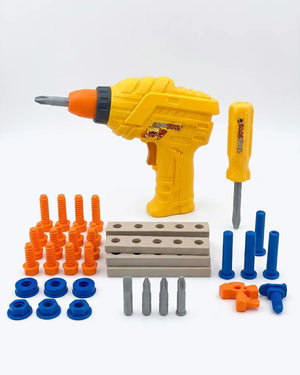 Yellow toy electric drill with orange screws, blue pegs, and gray drill bits