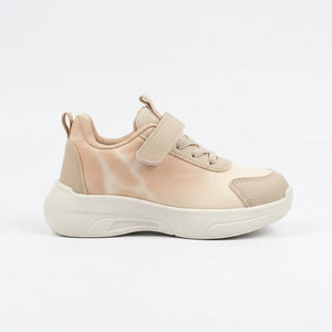 Beige No.1 light-up kids sneaker with strap and white sole, inner side view