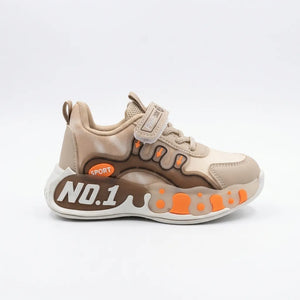 Pair of beige No.1 light-up kids sneakers with straps, front view