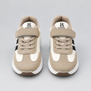 Front view of a pair of PrimeBee kids sneakers with black stripes and hook-and-loop strap