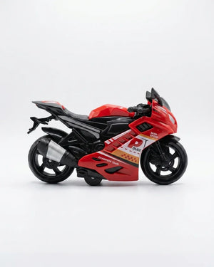 Kids friction sport motorcycle toy bike, red with black wheels, side graphics, and exhaust