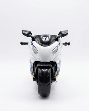 Kids friction sport motorcycle toy bike, white with blue stripes and black front wheel
