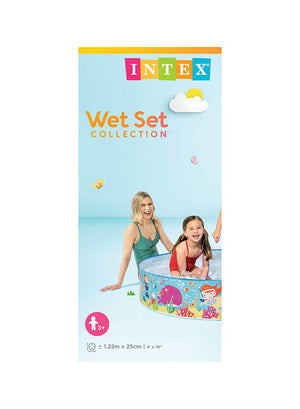 Kids round inflatable pool set in light blue packaging with INTEX Wet Set branding