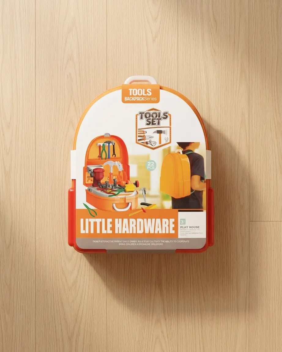 Kids tool set toy backpack, orange and gray arched pack with carry handle