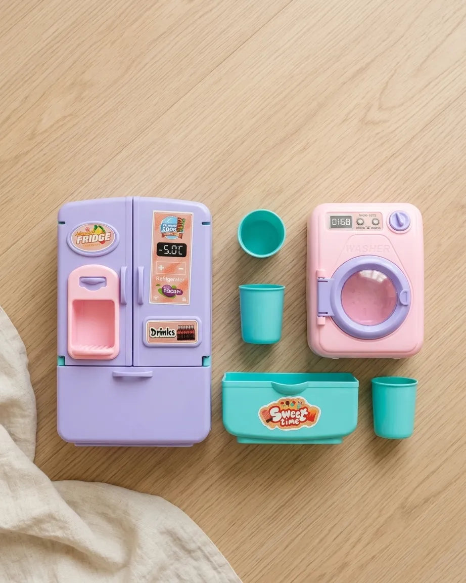 Kids kitchen toy set with mini purple fridge, pink washer, teal cups and tray