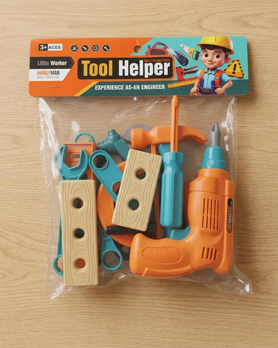 Kids pretend engineer tool set with orange tool gun, teal pieces, and wooden planks