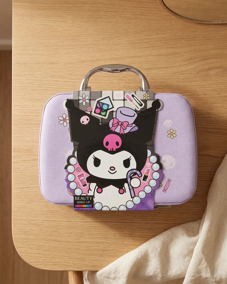 Lavender makeup case toy with metal handle and black Kuromi face graphic, zipper