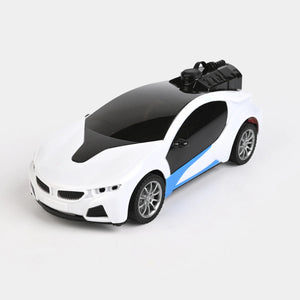 White RC spray drift car with blue side stripe, black hood, front view