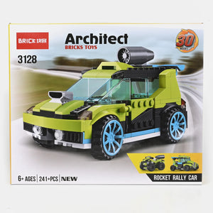 Rocket rally car building blocks box featuring lime-green car with blue wheel hubs
