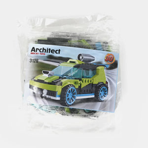 Rocket rally car building blocks in bag with assembled lime-green car and wheels