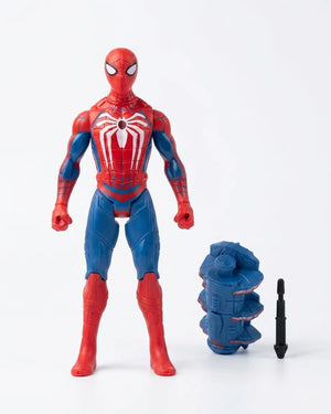 Spider-Man action figure in a red and blue suit standing next to a blue alternate arm and a small black accessory on a white background.