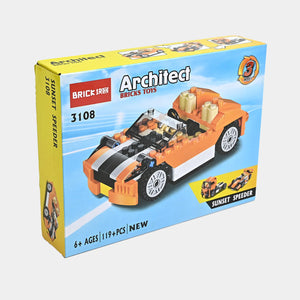 Architect building blocks racing car set box, orange sunset speeder design
