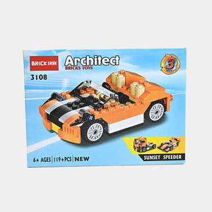 Architect building blocks racer car set box with orange sports car and black stripes