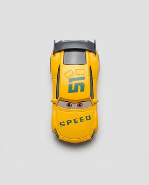 Disney Pixar Dinoco diecast pull-back car, yellow front with eyes and Speed logo