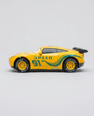 Disney Pixar Dinoco diecast pull-back car, yellow side view with 51 and Speed text