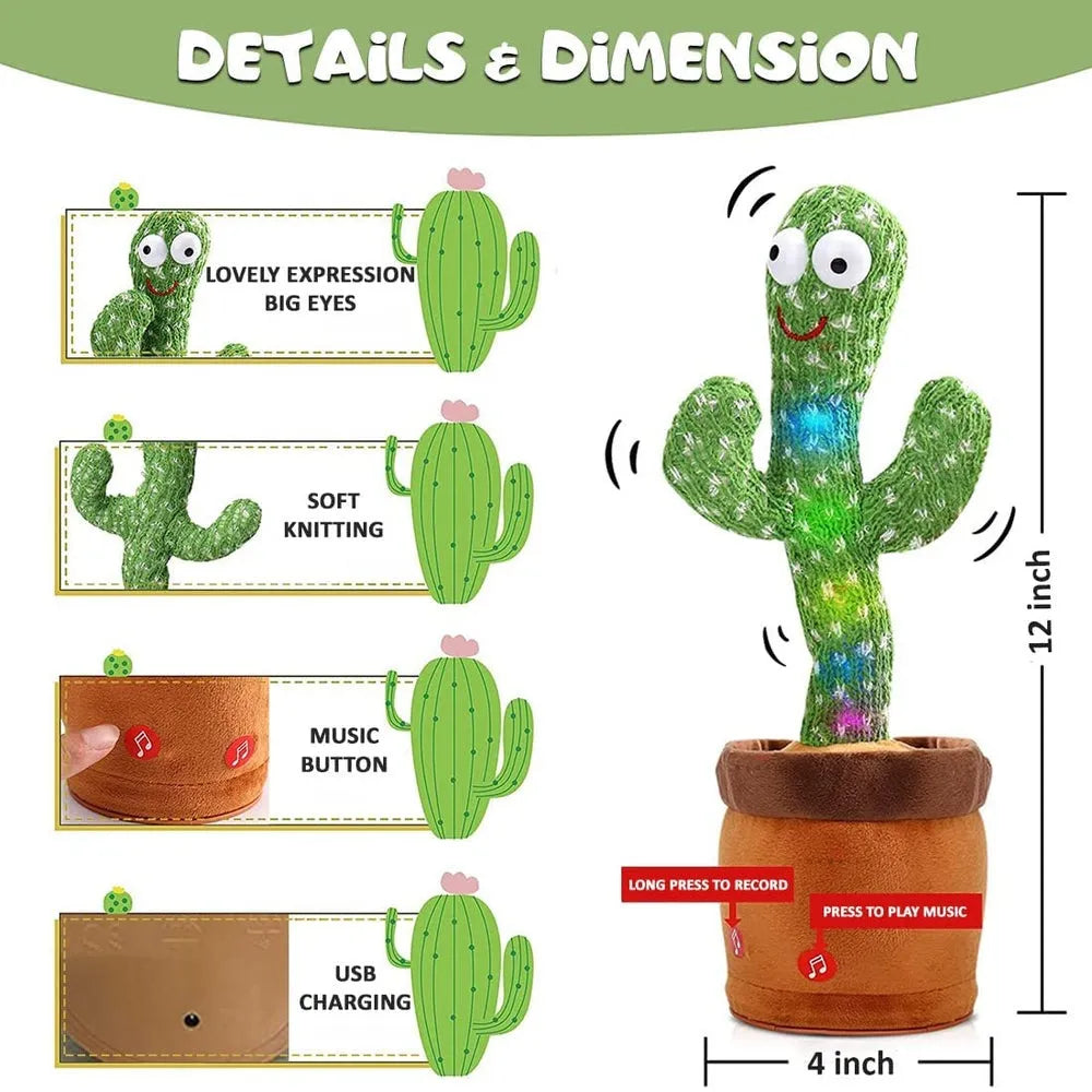 Dancing cactus toy guide showing recording and music buttons, USB charging, 12-inch height and 4-inch base