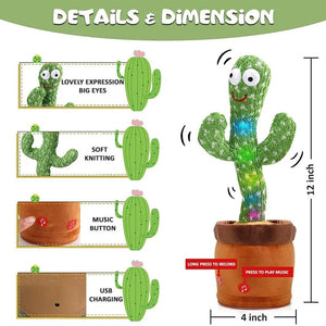 Dancing cactus toy guide showing recording and music buttons, USB charging, 12-inch height and 4-inch base