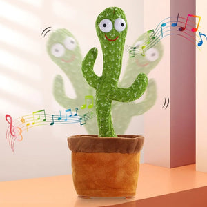 Green talking dancing cactus toy with smiling face in a brown fabric pot