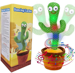Dancing cactus toy with colourful lights beside its yellow Dancing Cactus packaging